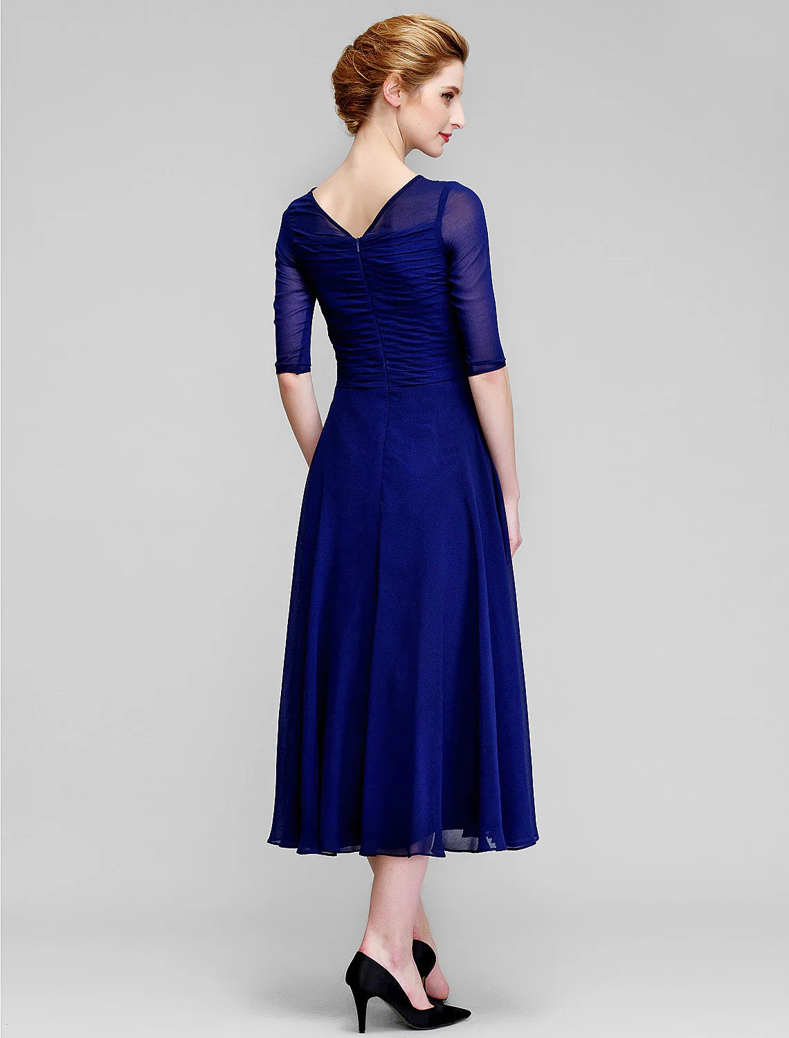 Wholesale A-Line Mother of the Bride Dress Fall Wedding Guest Dresses Plus Size Elegant Bateau Neck Tea Length Chiffon Half Sleeve with Ruched
